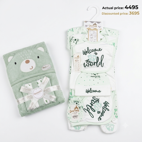 Newborn Welcome Bundle - Light Green Welcome Starter Set & Green Bath Towel Set