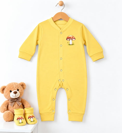 Cotton Interlock Baby Romper – Yellow Mushroom | Soft & Comfortable | 0–24 Months