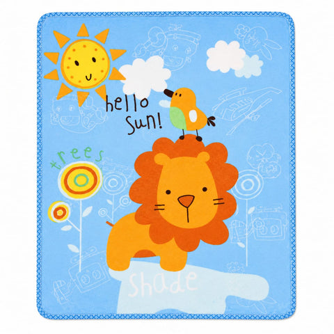 A square baby blanket with rounded corners featuring a colorful cartoon design. The design includes a smiling yellow sun with the text 'hello Sun!', a small bird, a large orange lion cub, and simple line drawings of a plane, camera, and flowers on a light blue background.