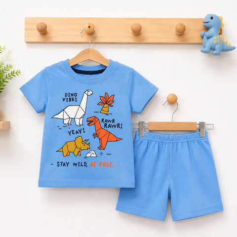 Cotton Jersey T-Shirt & Shorts - Blue - Dino