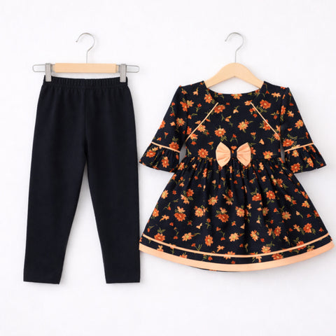 P&P - 2 Pieces - Frock Set - Black - Peach Bow & Flowers