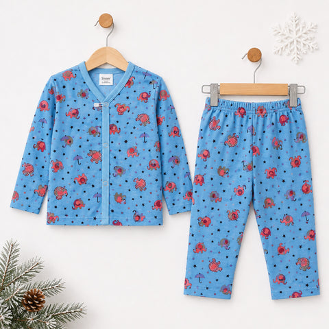 A two-piece baby pajama set featuring a light blue long-sleeve cardigan and matching pants, both decorated with a red octopus and black polka dot pattern. The cardigan has a button-up front, and the pants have an elastic waistband.
