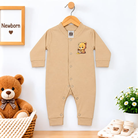 Cotton Interlock Baby Romper – Light Brown Bear | Soft & Comfortable | 0–24 Months