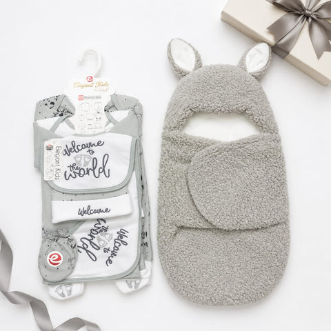 Newborn Welcome Bundle - Fleece Welcome Starter Set & Fur Swaddling Blanket Grey
