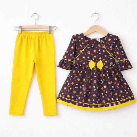 P&P - 2 Pieces - Frock Set - Purple - Yellow Bow & Flowers