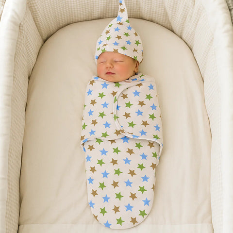 Swaddle with Cap - Green & Blue - Stars