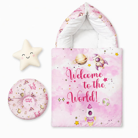 Newborn Cotton Hooded Carry Nest - Light Pink - Welcome Space