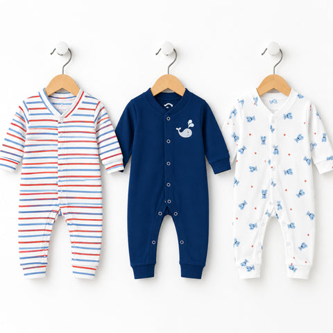 Cotton Interlock Baby Sleep Suits – Pack of 3 | Long Sleeve Open Feet – Blue Bear