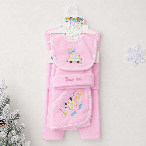 A pink baby clothing set hanging on a white hanger against a light background, featuring a bib, footed towel, and blanket with cute car and star embroidery. Decorative white snowflake and frosted pine branches appear at the edges.