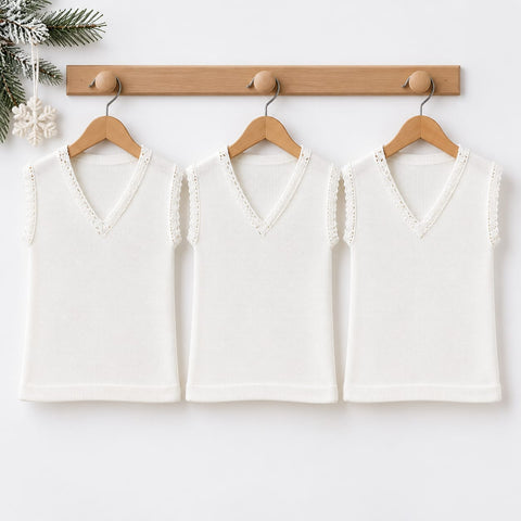 Pack of 3 Woolen Vests V Neck for Kids – White | Winter Innerwear 0-4 Years