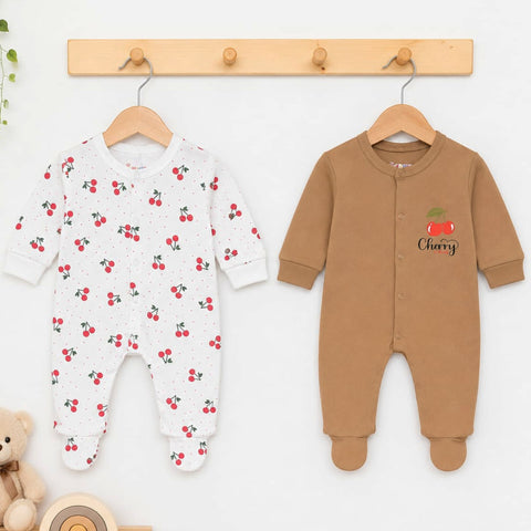 Close Feet Rompers - Pack of 2 - Brown & White - Cherry - TBS