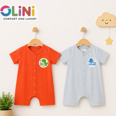 Cotton Jersey Short Leg Rompers - Pack of 2 - Orange & Sky - NUJ - OLINI