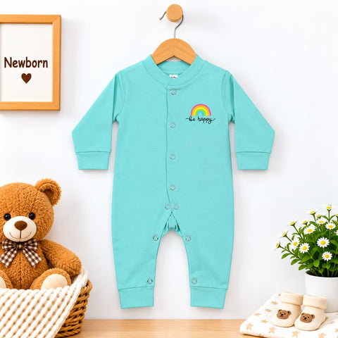 Cotton Interlock Baby Romper – Sky Blue Happy | Soft & Comfortable | 0–24 Months