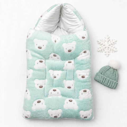 Fleece Hooded Baby Carry Nest – Light Green Bear | Soft Newborn Sleeping Bag & Carry Bed