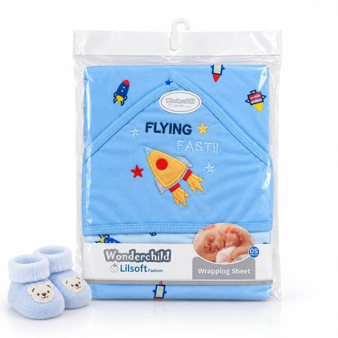 Wonderchild Lilsoft baby wrapping sheet in light blue with a rocket and star print, shown in clear plastic packaging with a hanger, plus a pair of matching blue booties with bear faces on a white background.