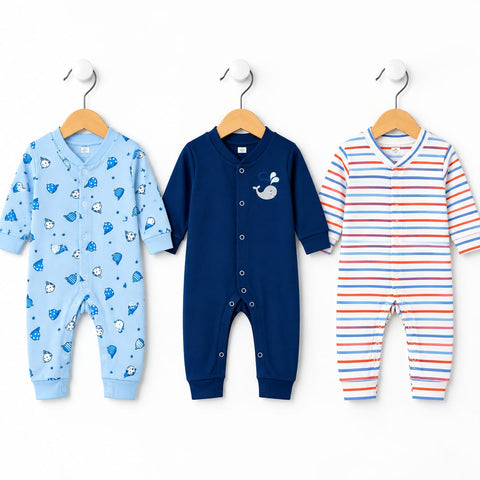 Cotton Interlock Baby Sleep Suits – Pack of 3 | Long Sleeve Open Feet – Blue Fish