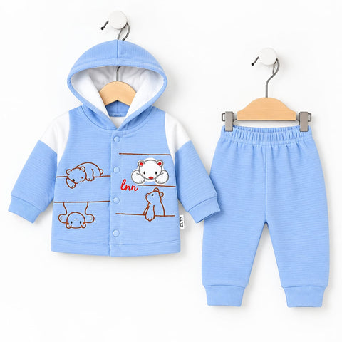 Newborn Plush Hooded Shirt & Trouser Set Blue Bear 0 Size | Soft Winter Baby Outfit