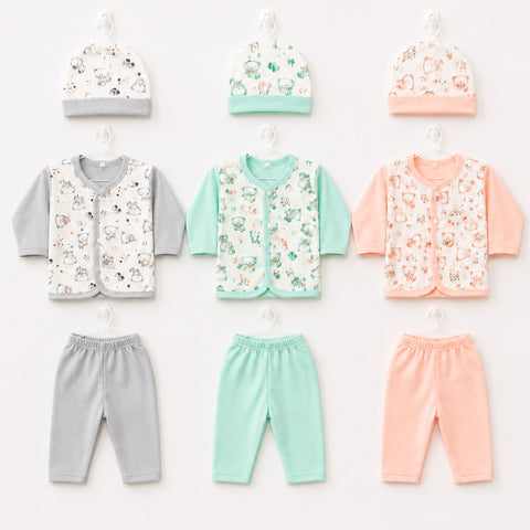Nine baby clothing sets arranged in a 3x3 grid on a white background, each set including a hat, long-sleeve vest, and pants in soft pastel colors with some printed motifs.