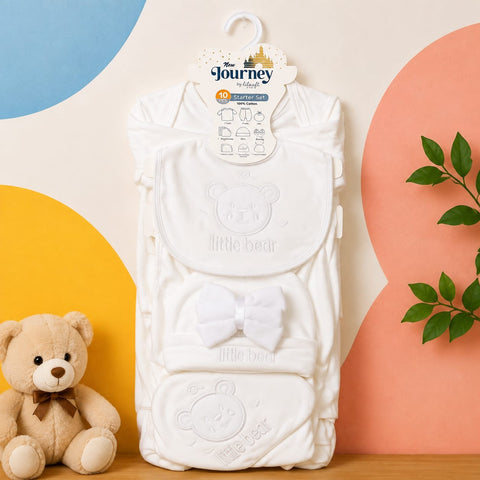 Newborn 10 Piece Velvet Starter Set Bear White | Soft Winter Baby Clothing Set | 0+ Months