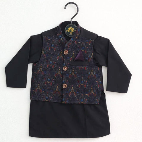 FC - 3 Pieces - Wash N Wear - Waist Coat Kurta Shalwar - Black - Multi Floral (0-6 Months)