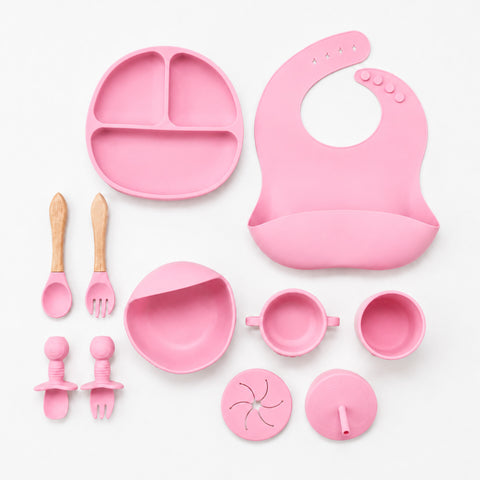 Silicone Baby Cutlery Set - 9 Pieces - Baby Pink