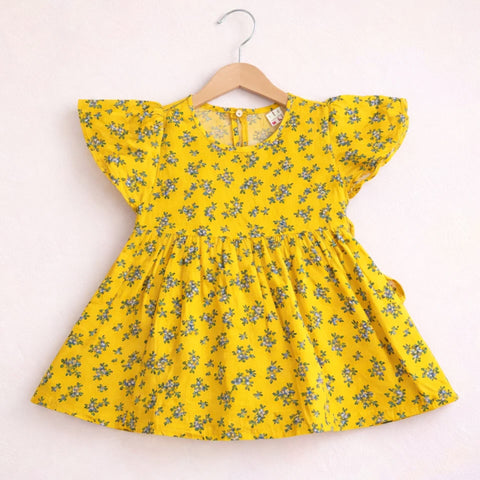 PR - Printed Frock - Yellow - Green Leaves & Blue Flowers