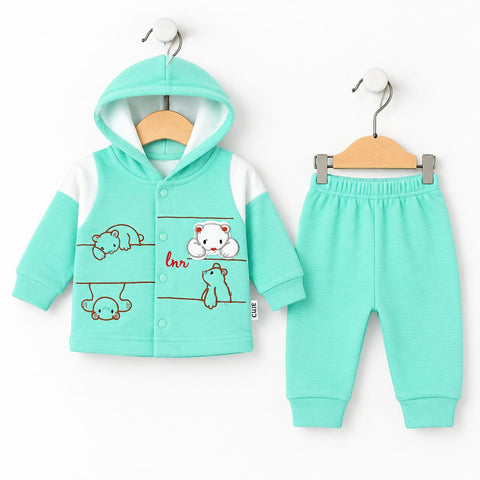 Newborn Plush Hooded Shirt & Trouser Set Green Bear 0 Size | Soft Winter Baby Outfit