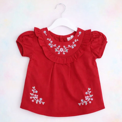 PR - Embroidered Frock - Red - Floral Pattern