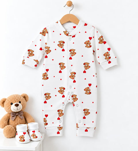 Cotton Interlock Baby Romper – White Heart Bear | Soft & Comfortable | 0–24 Months