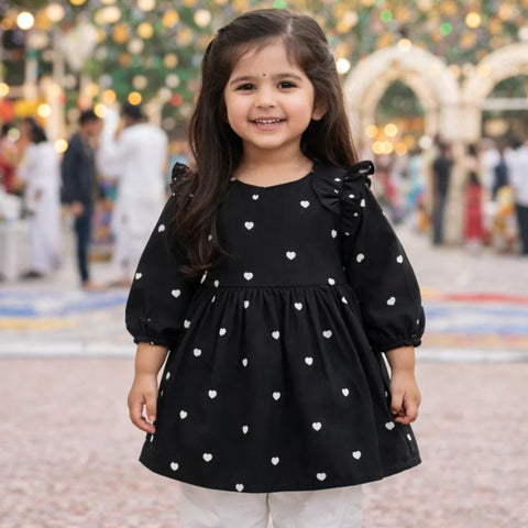 Wow - Cotton Embroidered - Frock - Black - Hearts