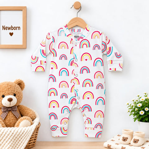 Cotton Interlock Baby Romper – White Rainbow | Soft & Comfortable | 0–24 Months