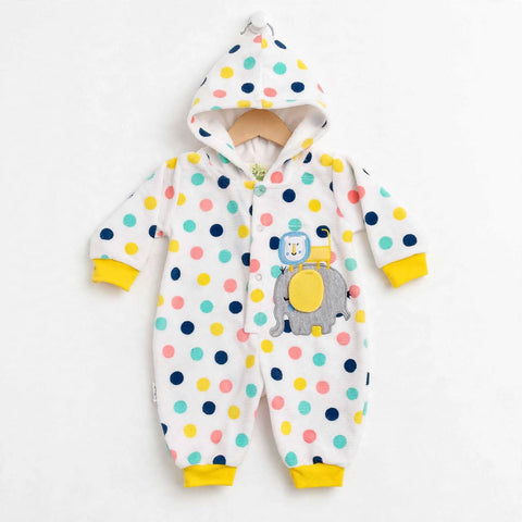 A baby hooded one-piece sleeper in white fleece with multicolored polka dots and a train graphic on the front, displayed on a wooden hanger against a white background.