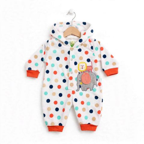 A baby hooded one-piece romper in white fleece with multicolor polka dots and orange cuffs, featuring an applique elephant on the chest, hanging on a wooden hanger against a white background.