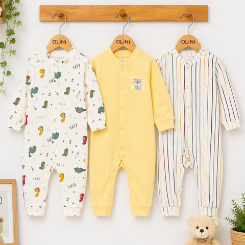 Carte - Cotton Interlock - Pack of 3 - Long Sleeve Open Feet - Sleep Suits - Yellow & Stripes