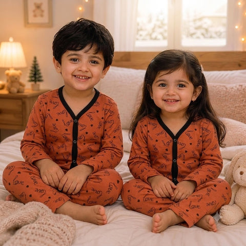 Two children sitting cross-legged on a bed wearing matching rust-orange pajamas with a black V-neck trim and small black heart and star patterns.