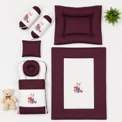 Newborn Cotton Bedding Set - 7 Pieces - Maroon - Bunny