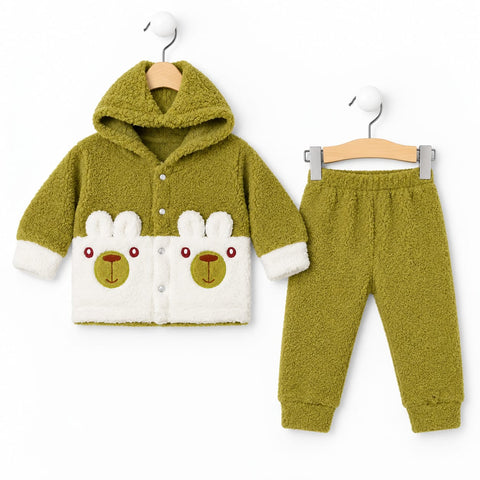 A toddler winter outfit set consisting of a hooded fleece cardigan and matching jogger pants in olive green, featuring a white rabbit face applique on the front of the cardigan.