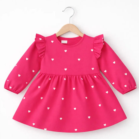 Wow - Cotton Embroidered - Frock - Dark Pink - Hearts