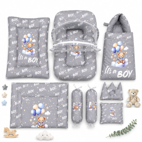 8 Pieces - Cotton Bedding Set - Grey - Bear & Boy - 26