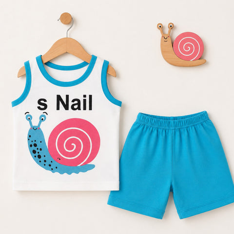 Cotton Jersey Sando & Short - Blue - Snail