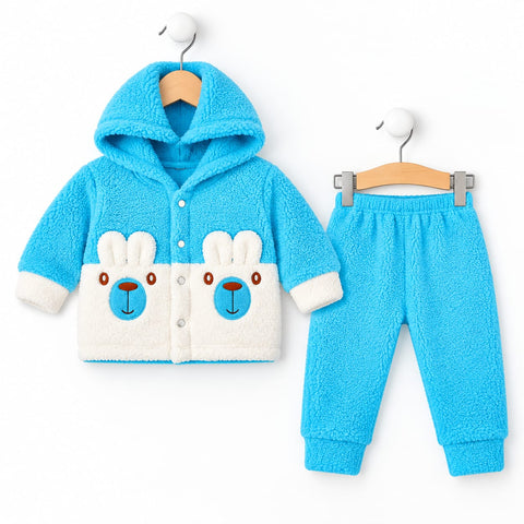 Newborn Fur Hooded Shirt & Trouser Set Blue Bear 0 Size | Soft Winter Baby Outfit