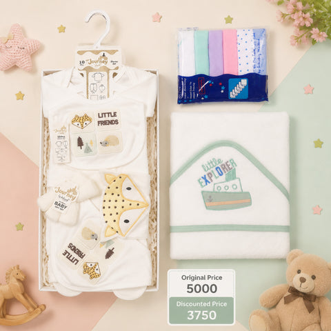 Newborn Welcome Bundle - White Little Friends Starter Set, White Bath Towel & Face Towel Pack