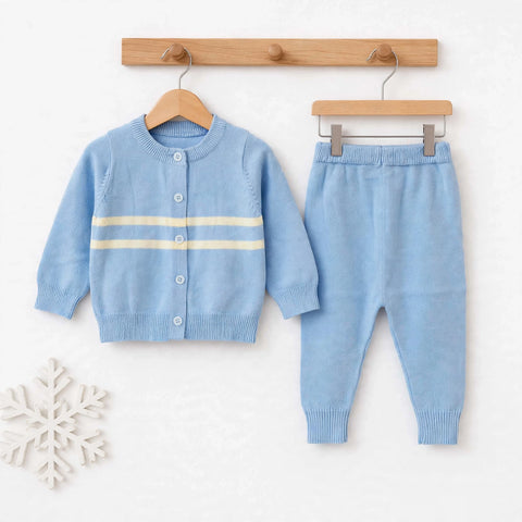 A baby knit two-piece outfit set consisting of a light blue cardigan sweater with two horizontal cream stripes and matching light blue pants, displayed on wooden hangers against a white background.