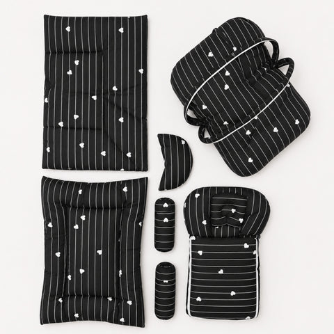 Newborn Cotton Bedding Set - 8 Pieces - Black - Hearts