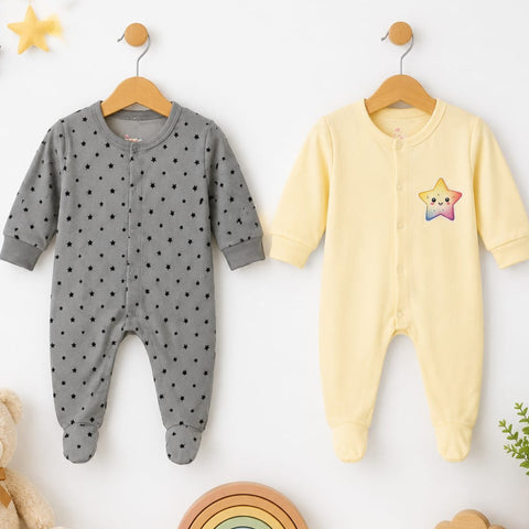 Close Feet Rompers - Pack of 2 - Grey & Yellow - Stars - TBS