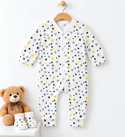 Cotton Jersey Baby Romper – White Stars | Soft & Comfortable | 0–24 Months