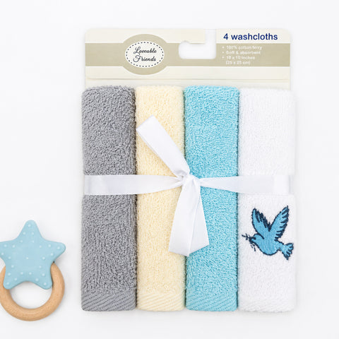 A 4-pack of Lavender Friends baby washcloths in gray, cream, light blue, and white, tied with a white ribbon. The white cloth features a blue embroidered bird.