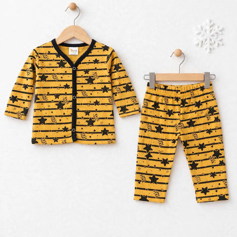 A baby two-piece pajama set consisting of a long-sleeve cardigan and matching pants, displayed on wooden hangers against a white wall. The pajamas feature a mustard yellow background with black horizontal stripes, black stars, and small black bee illustrations.