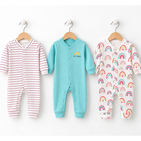 Cotton Interlock Baby Sleep Suits – Pack of 3 | Long Sleeve Open Feet – Sea Green Stripe