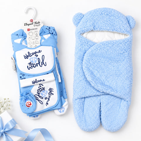 Newborn Welcome Bundle - Fleece Welcome Starter Set & Fur Swaddling With Feet Blanket Blue